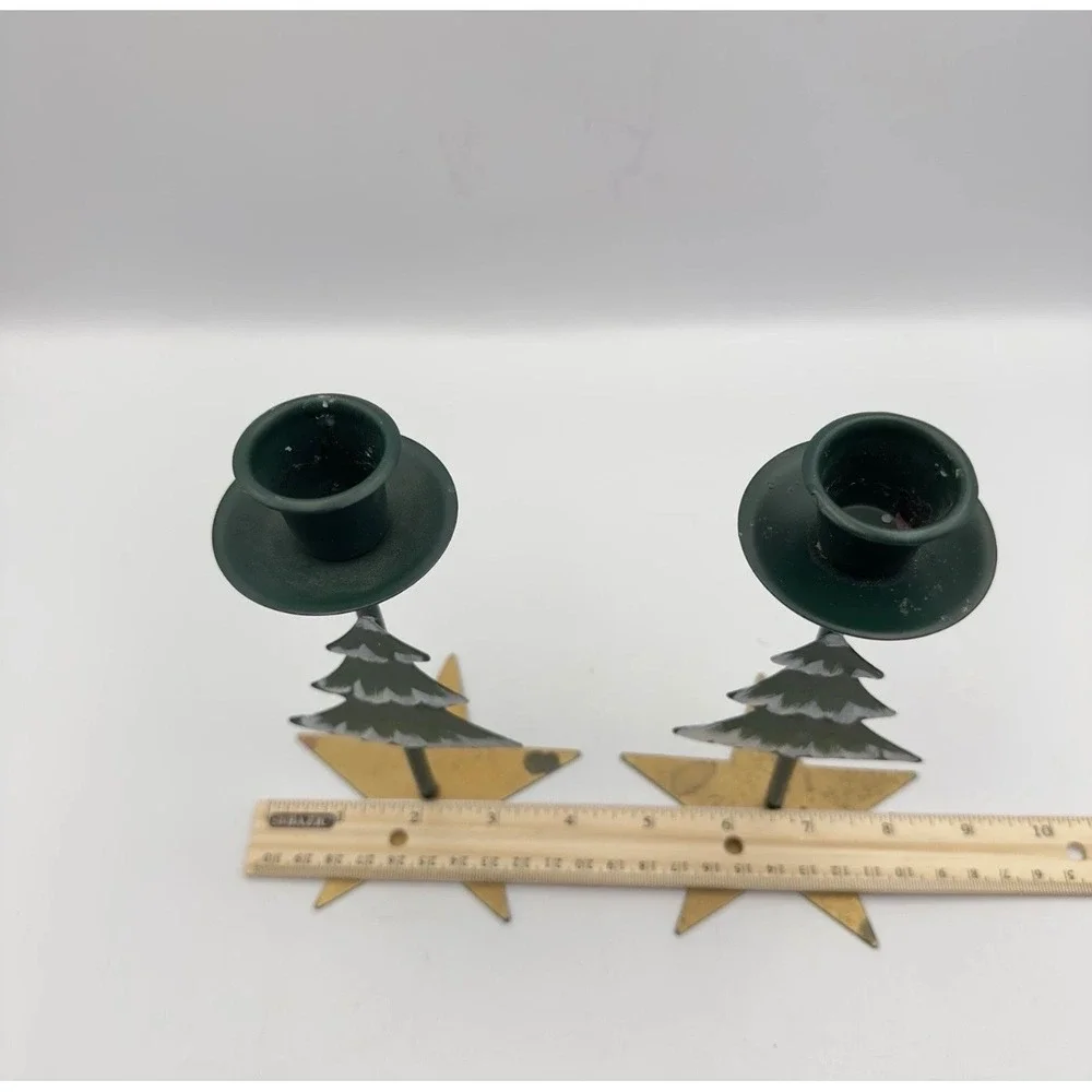 Vintage Metal Christmas Tree Taper Candle Holders‎ Set of 2 Star Base Green Gold
